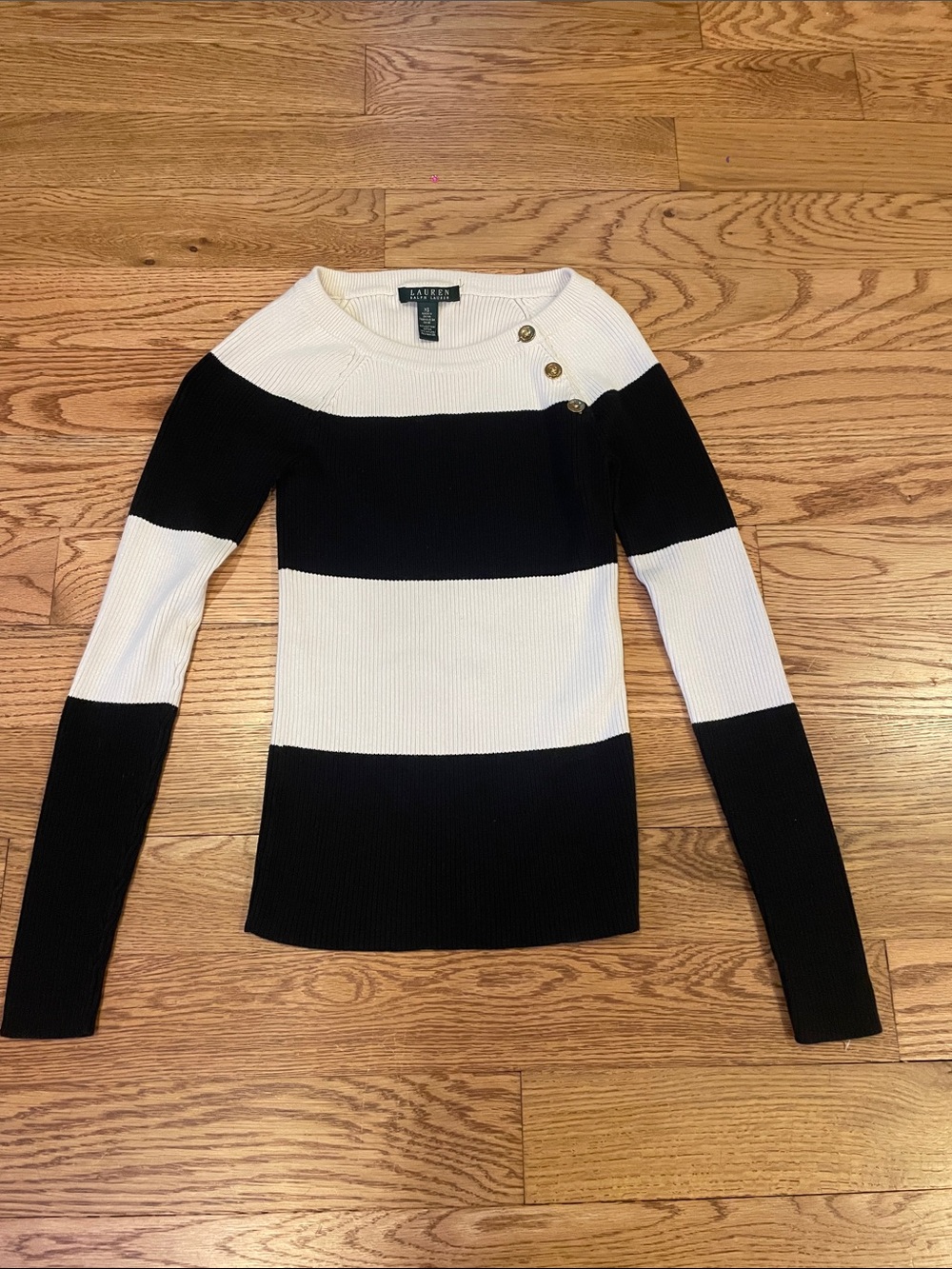 Ralph Lauren Black and White Striped Ribbed Crewneck Sweater